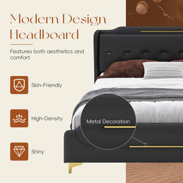 English Elm Christopher Knight Home® - Queen PU Leather Bed with Wingback Headboard & Footboard, Gold Accent Platform, 12 Slats, Sturdy Support Black 64 L x 21 W x 9.25 H N761P205938B