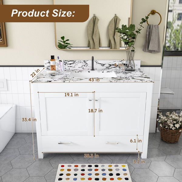 English Elm Modern 43 Inch Bathroom Vanity Solid Wood Cabinet with Soft Close Drawers Storage W509S00170