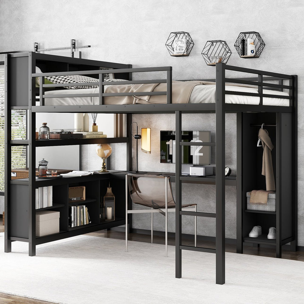 English Elm Metal Loft Bed With Wardrobe, L-Shaped Desk & Storage Cubes - Stylish Space-Saving Queen Solution W1580S00109