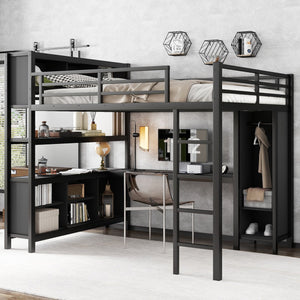 English Elm Metal Loft Bed With Wardrobe, L-Shaped Desk & Storage Cubes - Stylish Space-Saving Queen Solution W1580S00109