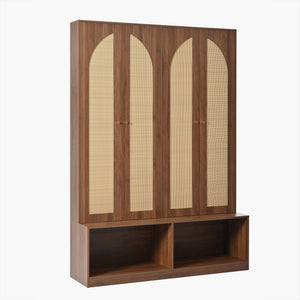 English Elm Rattan Door Hall Tree Bench with 6 Hooks Farmhouse Entryway Storage N721S000074D