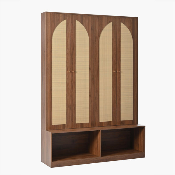 English Elm Rattan Door Hall Tree Bench with 6 Hooks Farmhouse Entryway Storage N721S000074D