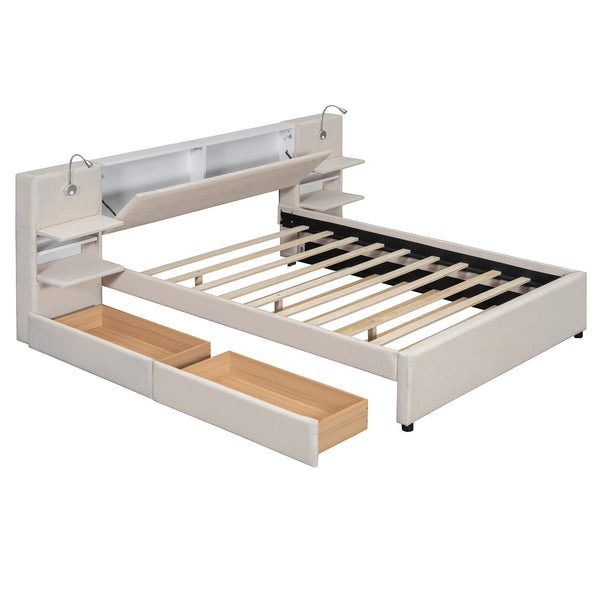 English Elm Queen Linen Upholstered Platform Bed with Storage Drawers, Trundle, Flip-Up Headboard & Lights Beige SF000187AAA