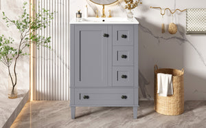 English Elm 24-inch Matte Bathroom Vanity Rubberwood Cabinet with Ceramic Sink and Soft-close Drawers Grey N729P377516E