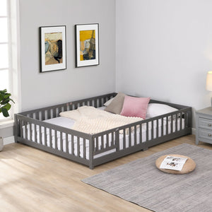 English Elm Twin Pine Wood Floor Bed with Safety Guardrails and Door for Kids Bedroom Gray W495123238