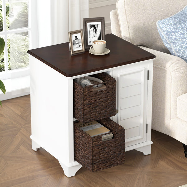 English Elm U Can Louvered End Table with Woven Grass Baskets Ottoman Legs Farmhouse Storage White N724P401353K