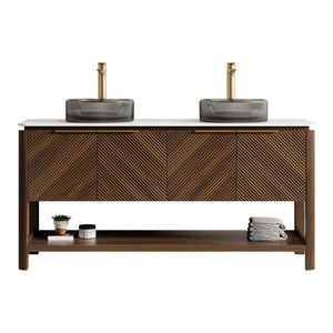 English Elm Dina 60 Inch Floating Bathroom Vanity Sintered Stone Top Dual Glass Basins Wood Grain W2615S00732