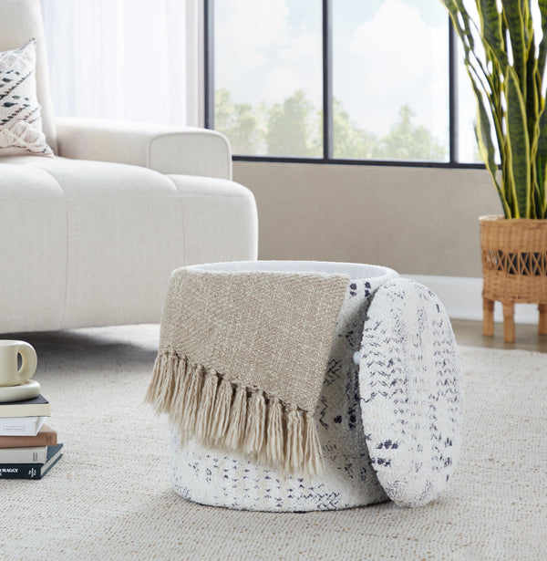 English Elm 18" Cotton Textured Storage Ottoman Chunky High Pile Footrest for Living Room Ivory B202P471516