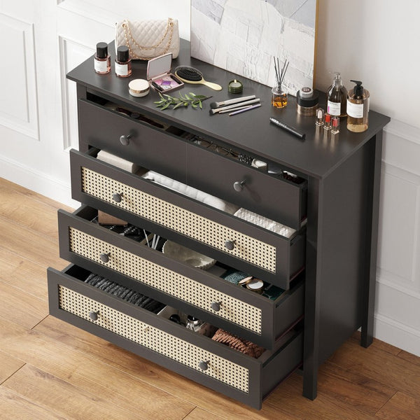 English Elm Sideboard Buffet Cabinet With 4 Drawers - Modern Black Storage Console For Kitchen & Living Room T3623P380111-GIGA