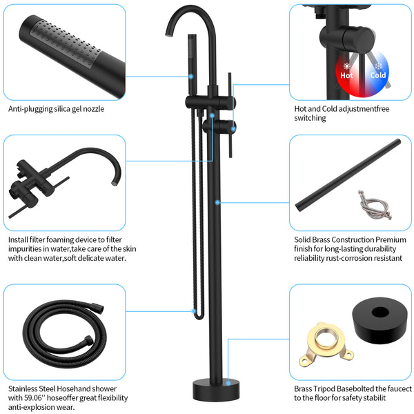 English Elm Floor Mount freestanding bathtub faucet with matte black finish, high-flow single-handle tub filler with handheld shower and 360° swivel spout, durable stainless steel and brass construction Matt Black T3177P277532