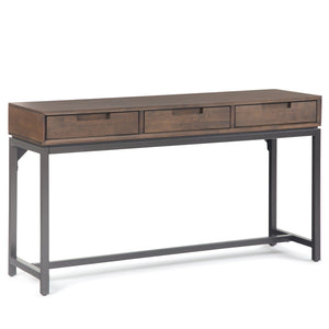 English Elm Banting Mid Century Wide Console Table Walnut Brown – Solid Rubberwood, 3 Drawers, Industrial Metal Base B136P158452