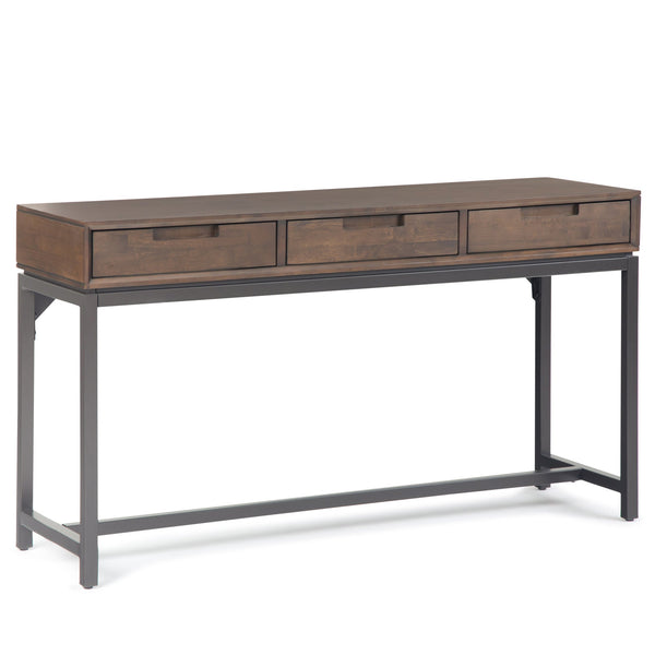 English Elm Banting Mid Century Wide Console Table Walnut Brown – Solid Rubberwood, 3 Drawers, Industrial Metal Base B136P158452