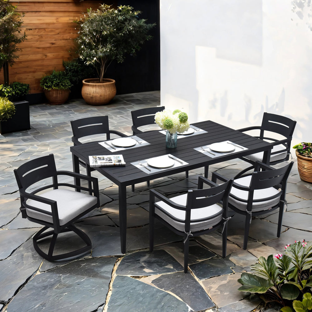 English Elm 7-Piece Outdoor Aluminum Dining Set With Cushioned Chairs & Swivel Rockers For Ultimate Comfort W1886S00002