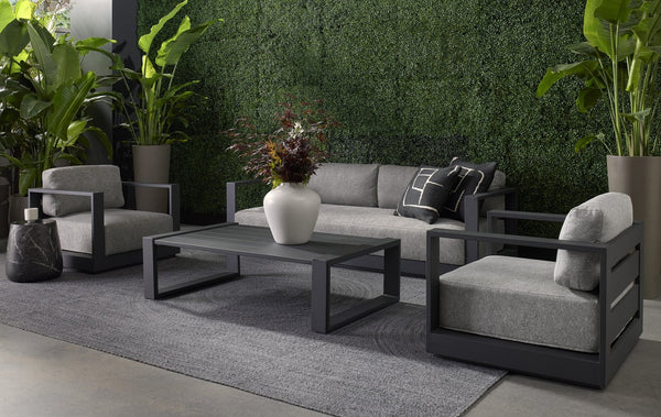 Sunpan TAVIRA Sofa - Charcoal Aluminum Frame with Lanikai Salt and Pepper Fabric for Outdoor Luxury Living 109656V