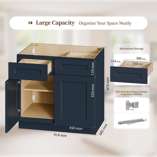 English Elm 36" Navy Shaker Base Cabinet Solid Wood Soft Close Plywood Kitchen Bath Storage T2950P490378