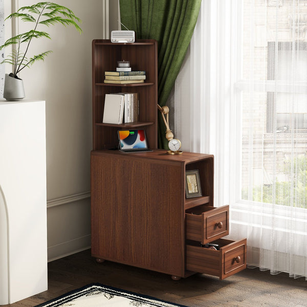 English Elm End Table With Charging Station, Ample Storage & Warm Walnut Finish For Bedroom Or Living Room W2593P289144
