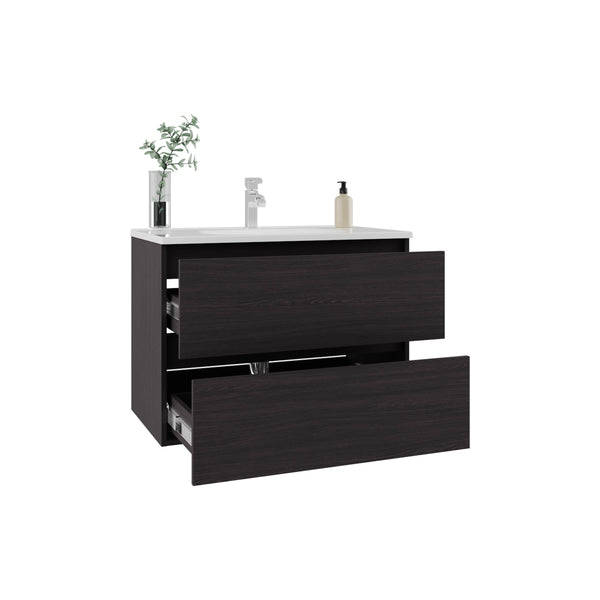 English Elm Bathroom Opalo Cabinet with Two Shelves and Open Storage, Black MDF, Modern Space-Saving Design Durable B200P313690