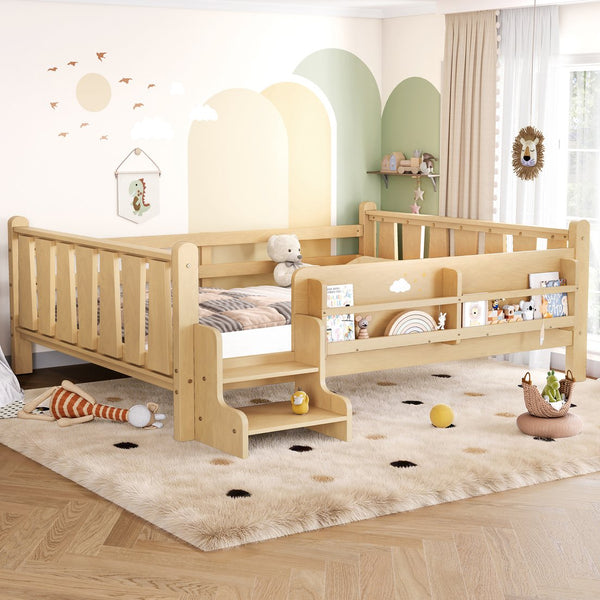 English Elm Twin Pine Floor Bed with Guardrails Built-in Bookcases and Stair Steps for Kids W1580P430186
