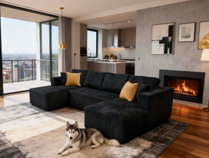 English Elm Full Corduroy Upholstered Double Chaise Sectional Lounge Ready No Tools Needed Black B2748S00059