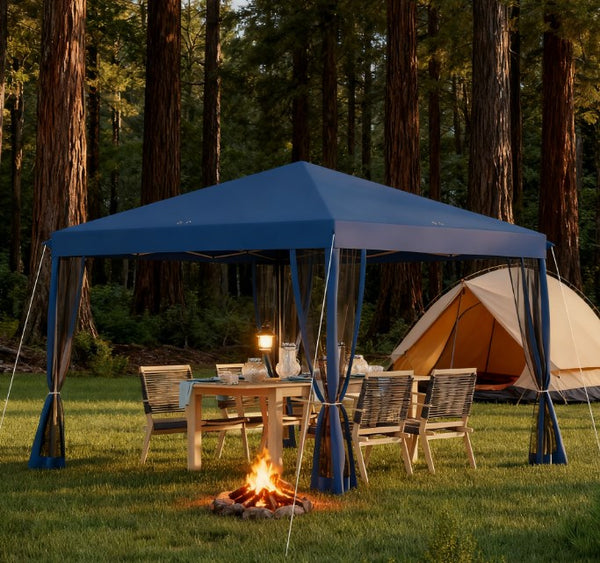 English Elm Height Adjustable 10x10 Pop up Canopy with Mesh Walls Steel Frame Uv Protection Blue T3971P425612