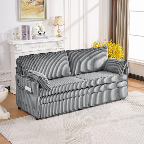 English Elm 73"convertible Corduroy Sleeper Sofa with Usb Port and Side Pocket for Studio Apartments Grey W3373P405036