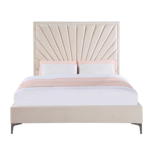 English Elm Modern Queen Bed Beige Velvet Platform with Sunburst Channel Tufted Headboard, Metal Feet & Slats B2741S00708