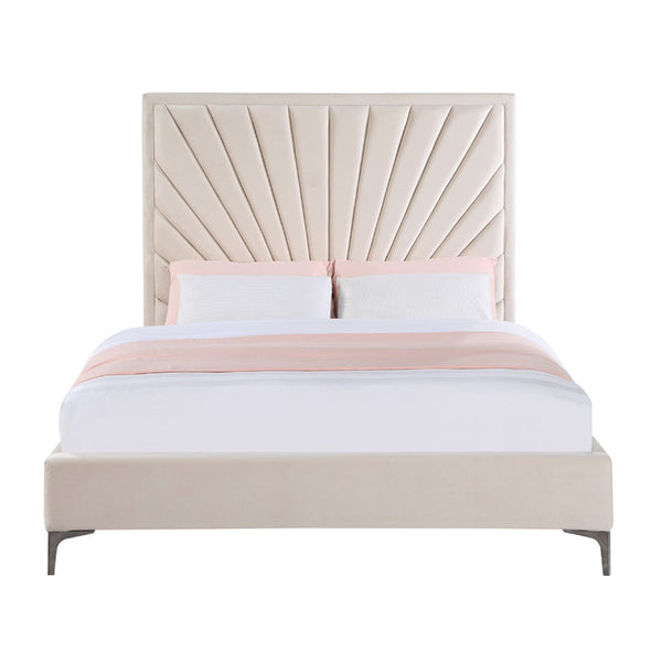 English Elm Modern Queen Bed Beige Velvet Platform with Sunburst Channel Tufted Headboard, Metal Feet & Slats B2741S00708