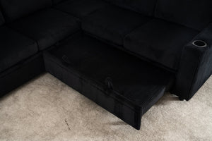 English Elm Sectional Corduroy Sleeper Sofa with Storage and Charging Ports for Small Spaces Black W1361S00078
