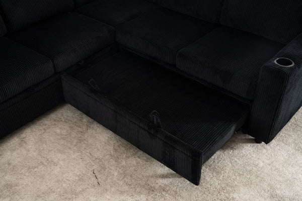 English Elm Sectional Corduroy Sleeper Sofa with Storage and Charging Ports for Small Spaces Black W1361S00078