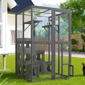 English Elm Catio Outdoor Cat Enclosure Modular Pine Wood Weatherproof Multi-level Feline Play Space N843MP104G
