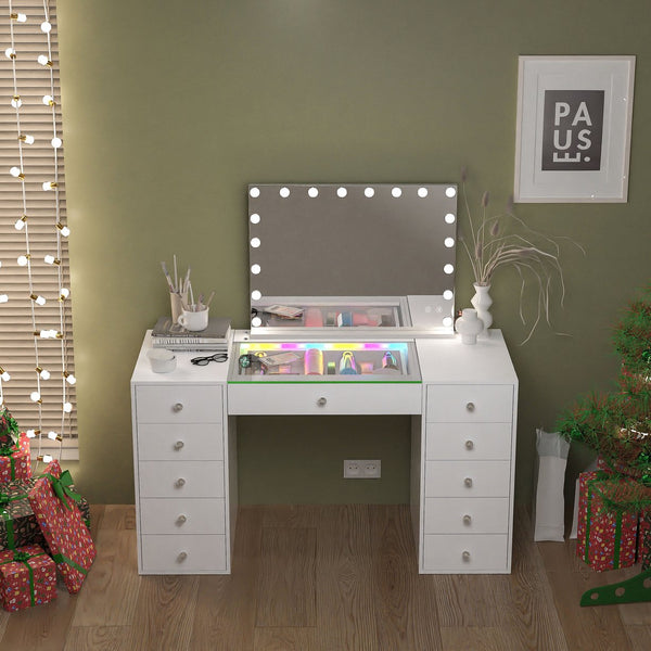 English Elm Vanity Desk Hollywood Mirror 18 Led Bulbs Rgb Strip Bluetooth Speakers 11 Drawers W3660S00003