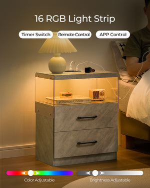 English Elm Nightstand with LED Lights and Adjustable Colors, Modern Bedside Table with Power Outlets & Drawers Grey 22 L x 8 W x 18 H W2178P252969