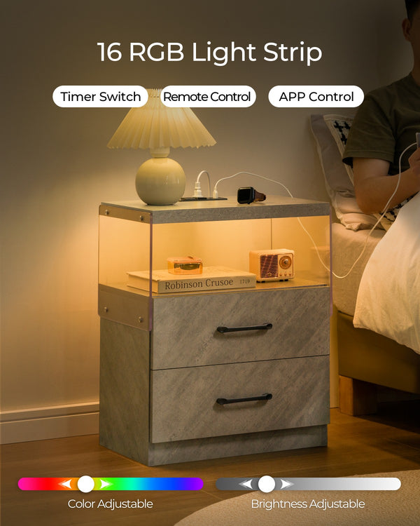 English Elm Nightstand with LED Lights and Adjustable Colors, Modern Bedside Table with Power Outlets & Drawers Grey 22 L x 8 W x 18 H W2178P252969