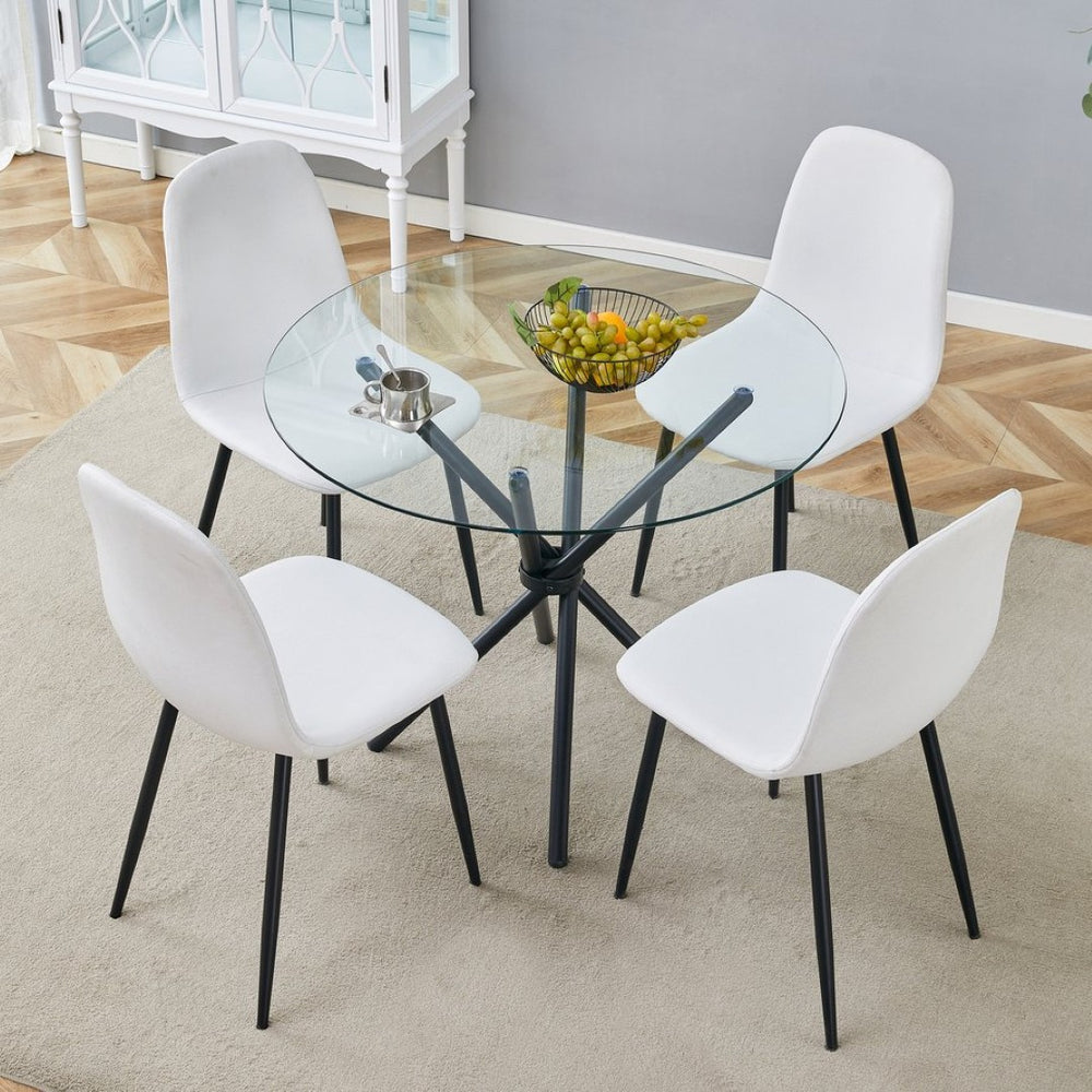 English Elm Table Set - Contemporary 36.6" Round Tempered Glass Dining Table With 4 White Linen Chairs For Modern Homes W1151S03670-GIGA