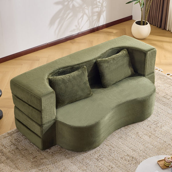 English Elm 71-inch plush folding sofa bed with high-density foam, faux fur futon convertible for guests and yoga Green W1829P362308