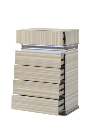 English Elm Leonor King Bedroom Set Wood Frame with Led Lighting Gray Stripe Panel Modern Suite B009S02303