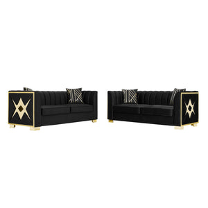 English Elm 81" Tufted Velvet Chesterfield Sofa with Gold Steel Legs for Elegant Living Rooms Black W1191S00072