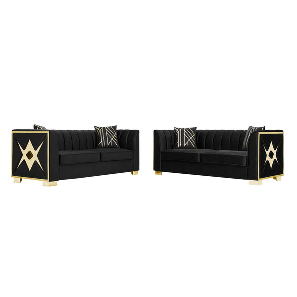 English Elm 81" Tufted Velvet Chesterfield Sofa with Gold Steel Legs for Elegant Living Rooms Black W1191S00072