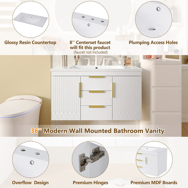 English Elm 36'' Wall Mounted Bathroom Vanity with Sink, Floating MDF Cabinet, 2 Drawers, Rust-Resistant Handles White N710P253035K