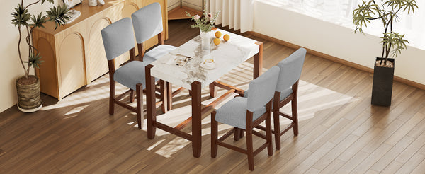 English Elm 5-Piece Counter Height Dining Set with Faux Marble Top and Upholstered Seats, Mid-Century Pub Charm White+gray N752S000086E