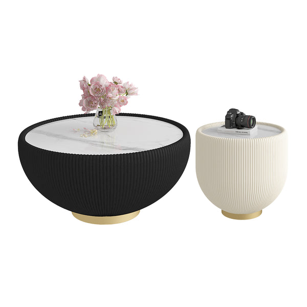 English Elm Modern Sintered Stone Round Side Table Leather Edge Brass Base Living Room Accent Beige,Gold,Marble W3081P293643