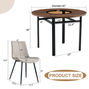 English Elm Table Set 42 Inch Round Wood Grain Glass Inlay with Six Tech-fabric Dining Chairs Brown+Black,Light Gray W1151S04484