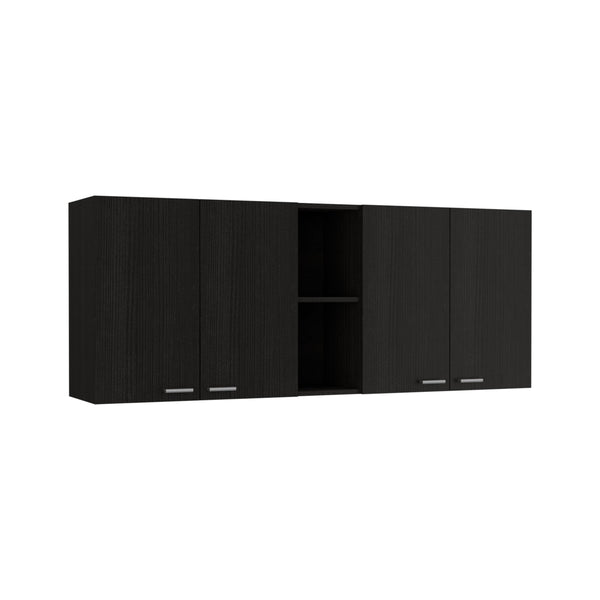 English Elm Wall Mounted Kitchen Cabinet Four Door Black Finish with Open Shelves and Dish Organizer B097133121