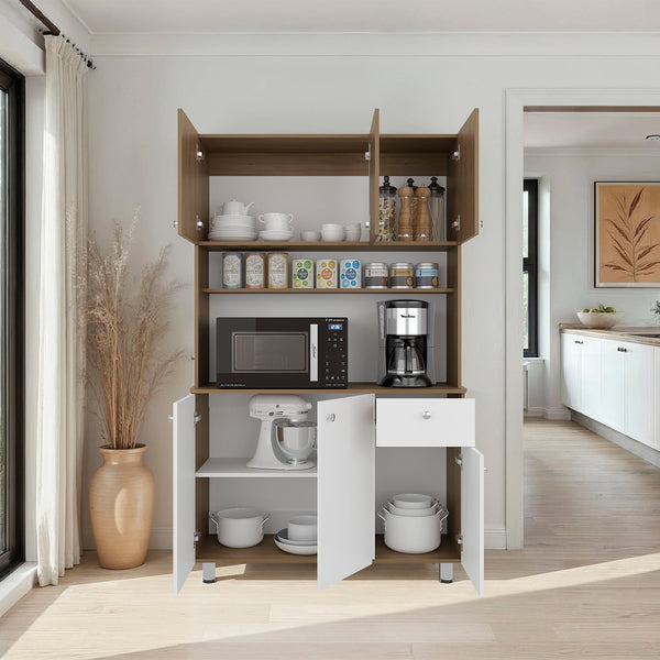 English Elm White Tall Kitchen Pantry Cabinet with Microwave Shelf Open and Enclosed Storage B062S01856