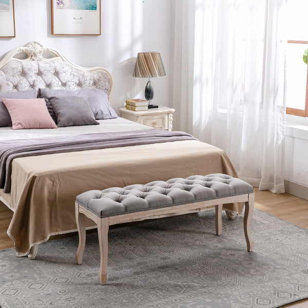 English Elm Bedroom Bench Tufted Linen Seat with Carved Distressed Wood Legs French Country Style Grey W3244P493669