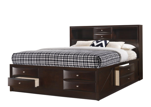 English Elm 1Pc King Captain'S Platform Bed With Bookcase Headboard & Side Storage – Solid Wood Cherry Finish Elegance B011S01467