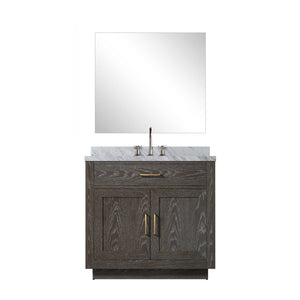 English Elm Brown Oak Single Bath Vanity Set With Carrara Marble Top, Chrome Faucet & 34" Frameless Mirror Included B2731S01952