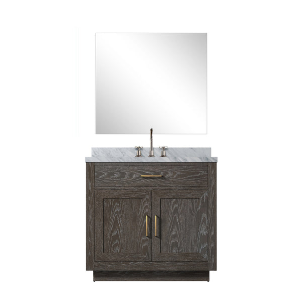 English Elm Brown Oak Single Bath Vanity Set With Carrara Marble Top, Chrome Faucet & 34" Frameless Mirror Included B2731S01952