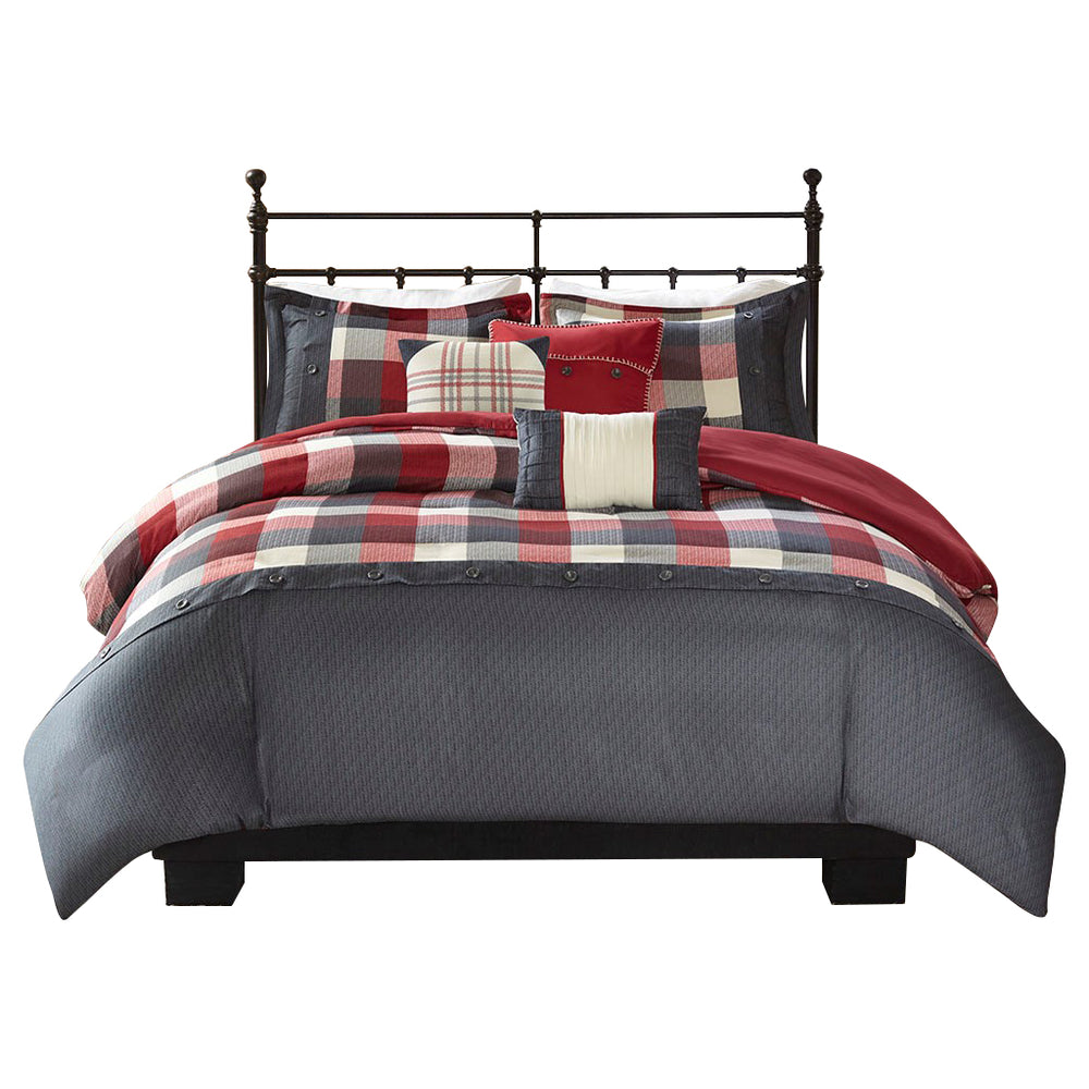 English Elm King/Cal Ridge 6PC Herringbone Duvet Set with Buffalo Plaid, Embroidered Pillows & Button Closure, Cozy Lodge Style B035129175