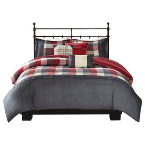 English Elm King/Cal Ridge 6PC Herringbone Duvet Set with Buffalo Plaid, Embroidered Pillows & Button Closure, Cozy Lodge Style B035129175